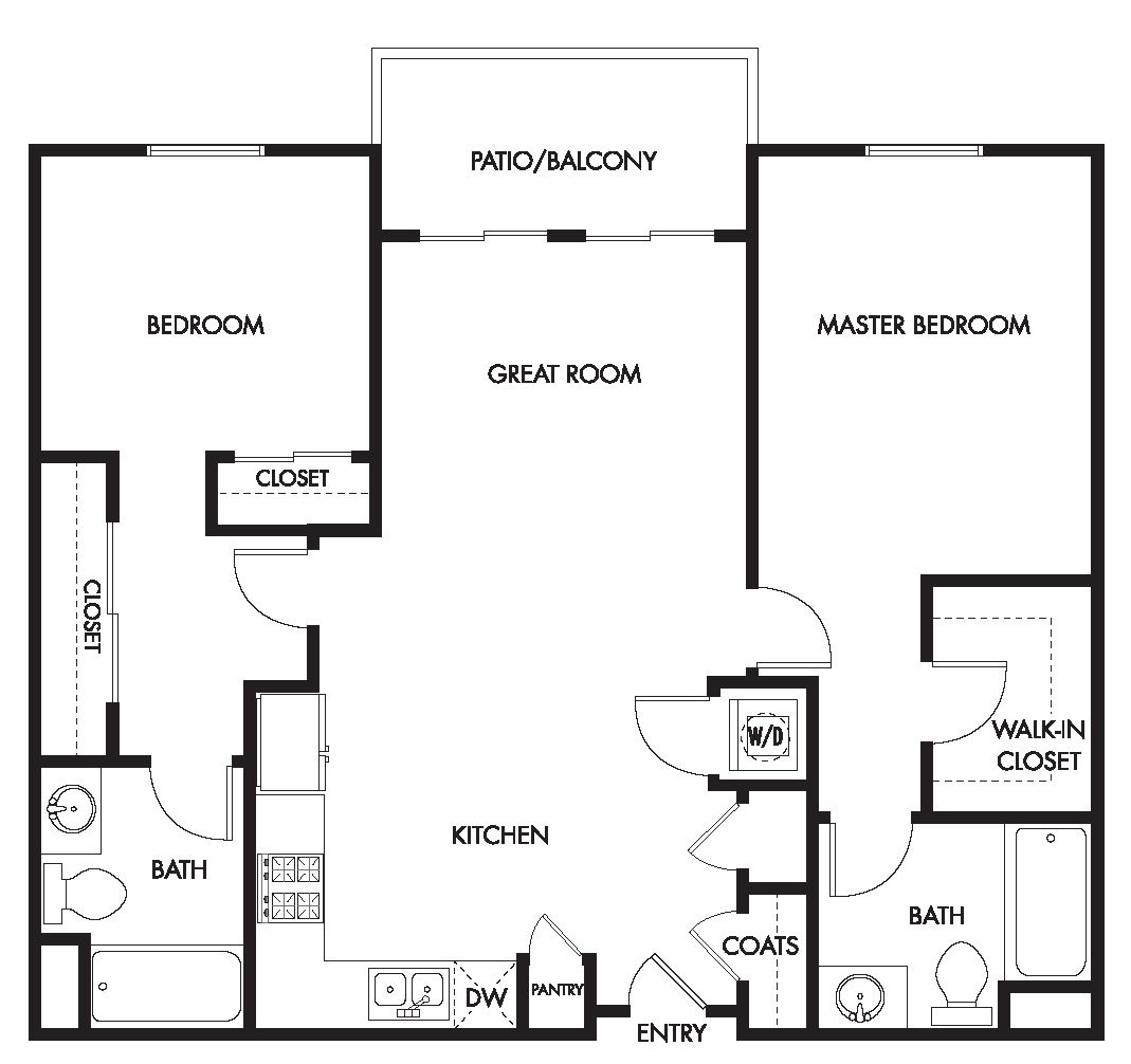 Floor plan for 2 beds, 2 baths, 1041 sqft